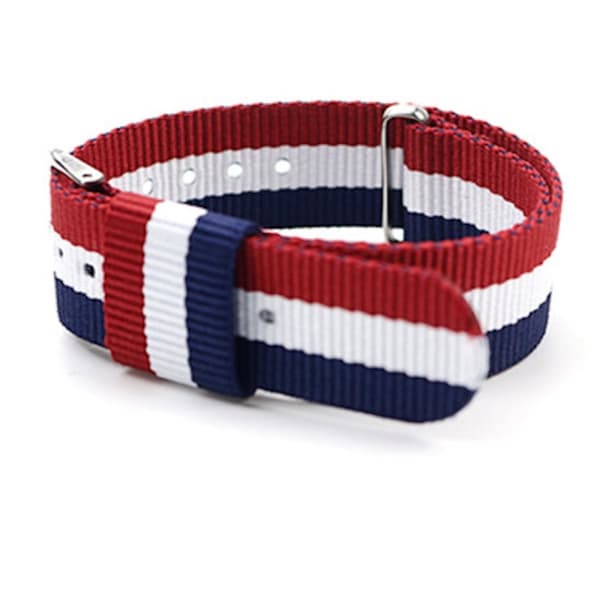 Natoband herr klocka 20 mm silver spänne röd / vit / blå