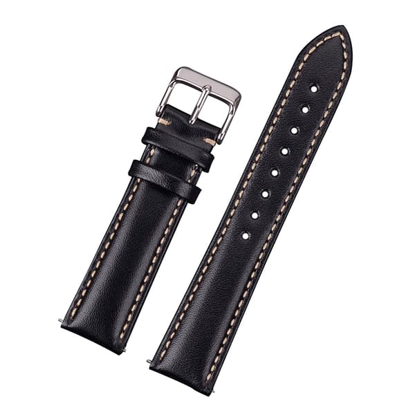 Klassiskt klockarmband av svart läder med vit söm Svart 18mm