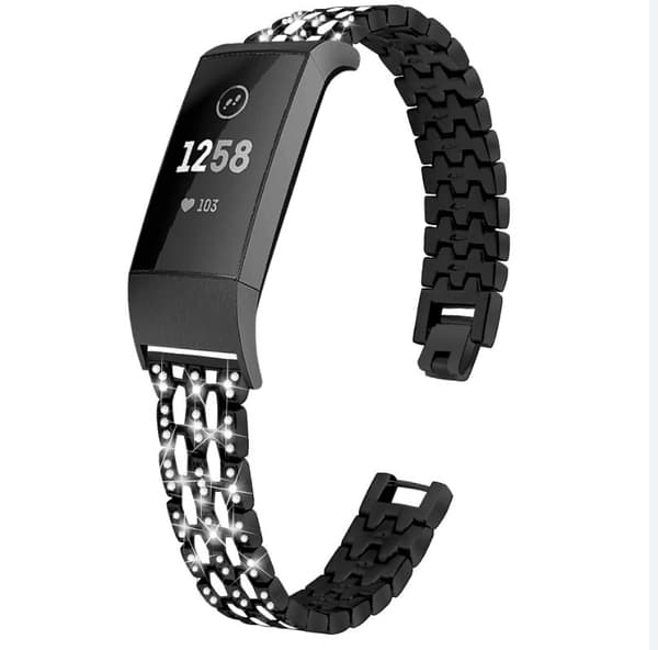 INF Fitbit Charge 3/4 metallarmband med strasstenar Svart/Kristall