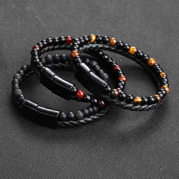 Armband av pärlor och läder Brun och svart