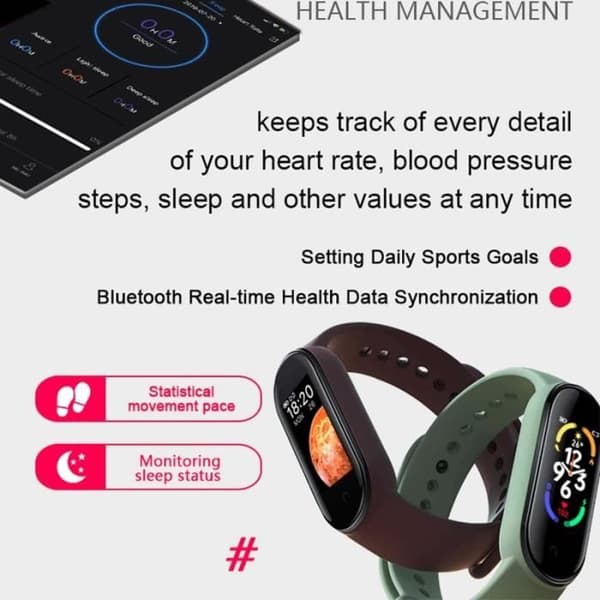 Black-M7 Smart Watch för män och kvinnor, Fitness Tracker, Puls- och Blodtrycksmätare