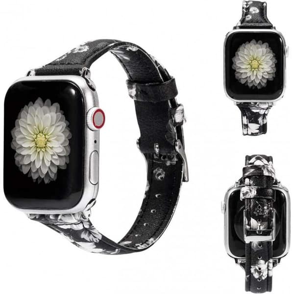 Apple Watch 38/40/41mm Stilrent Läderarmband Mercy - Svart/Vit Blomma
