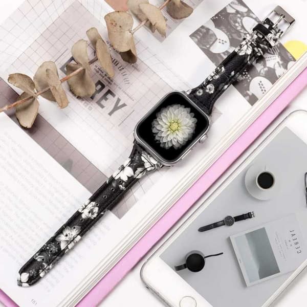Apple Watch 38/40/41mm Stilrent Läderarmband Mercy - Svart/Vit Blomma