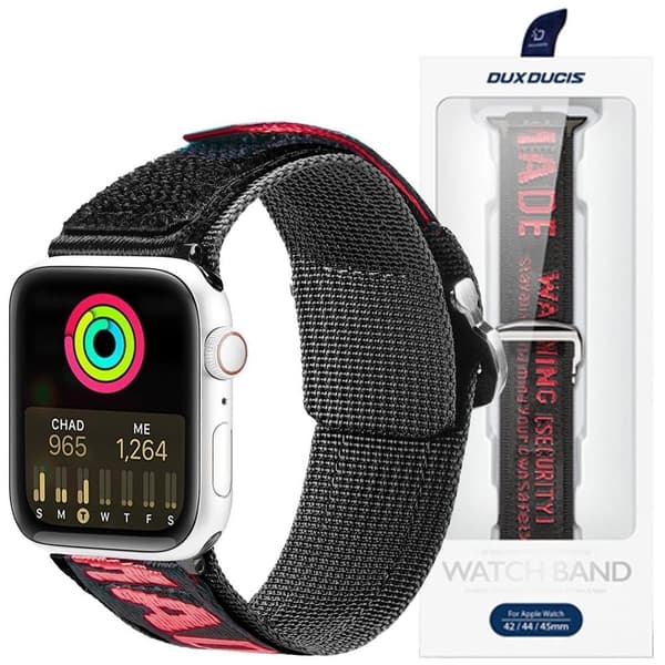 Dux Ducis-rem (utendørsversjon) Apple Watch Ultra Strap, SE, 8, 7, 6, 5, 4, 3, 2, 1 (49, 45, 44, 42 mm) Nylonarmbånd svart og rødt