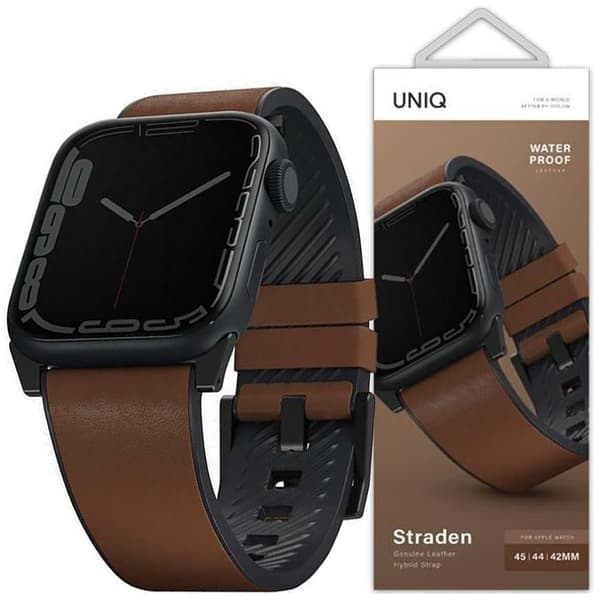 UNIQ armbånd Strade Apple Watch Series 1/2/3/4/5/6/7/8/SE/SE2/Ultra 42/44/45/49mm. Hybridstropp i skinn brun/brun