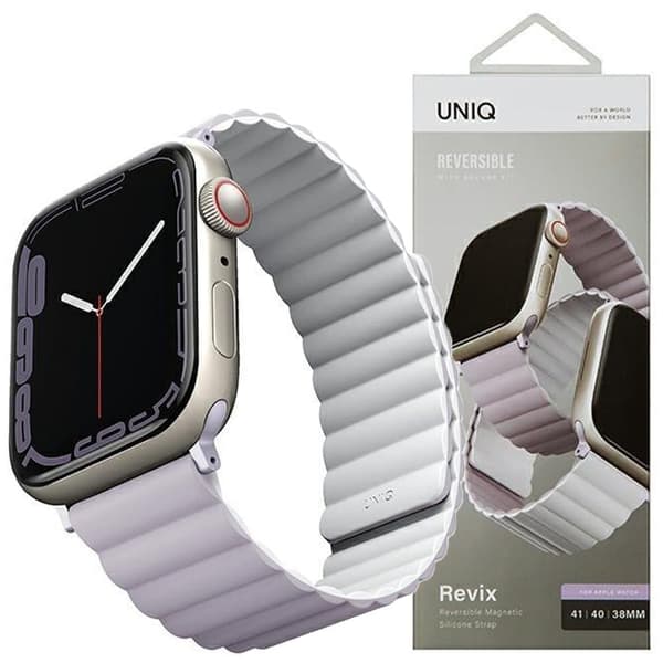 UNIQ armbånd Revix Apple Watch Series 4/5/6/7/8/SE/SE2/Ultra 42/44/45mm. Vendbar Magnetisk lilla-hvit/syrin-hvit
