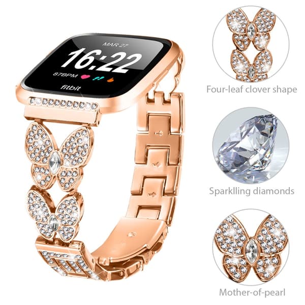 INF Roséguld Dubbel Fjärilsspänne Diamant Inlagt Klockarmband för Fitbit Versa