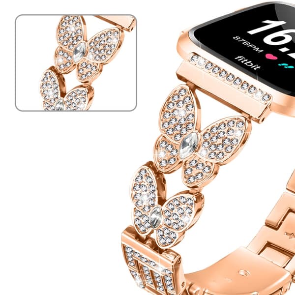 INF Roséguld Dubbel Fjärilsspänne Diamant Inlagt Klockarmband för Fitbit Versa