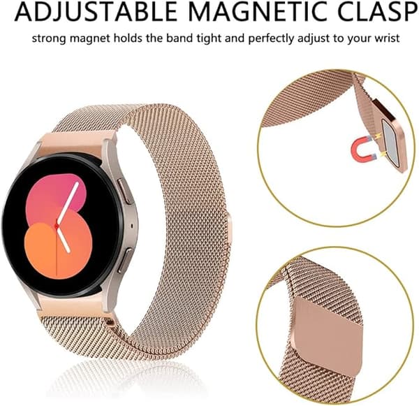 Klockarmband för Samsung Galaxy Watch 4 20mm/Rostfritt stål Justerbar ersättningsrem, Mesh metallrem med magneter - Rose Gold
