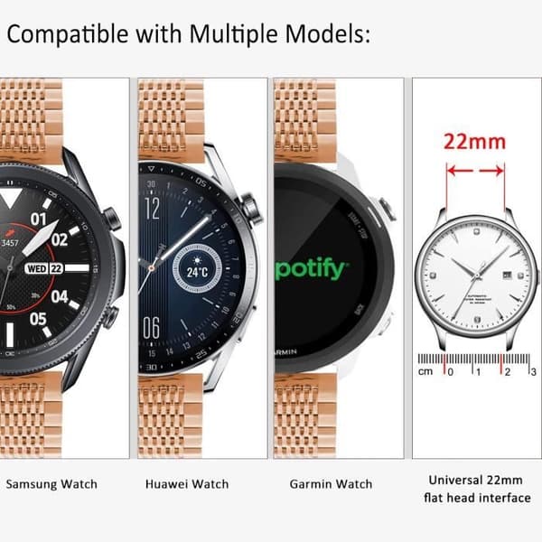 Reservrem i rostfritt stål kompatibel med Samsung Gear S3/Galaxy Watch 46 mm/Galaxy 3 45 mm, 22 mm, 15 rader, för