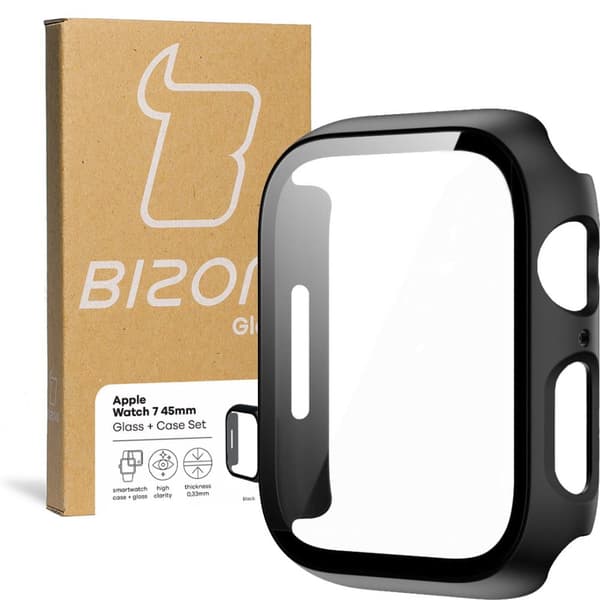 Bizon-fodral, fodral + glasset till Apple Watch 45 mm, svart