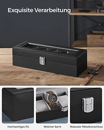 Songmics Watch Box med 6 slots, titta på fodral med glaslock, grå foder