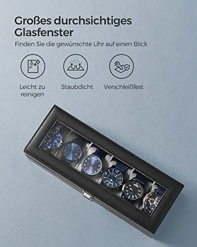Songmics Watch Box med 6 slots, titta på fodral med glaslock, grå foder