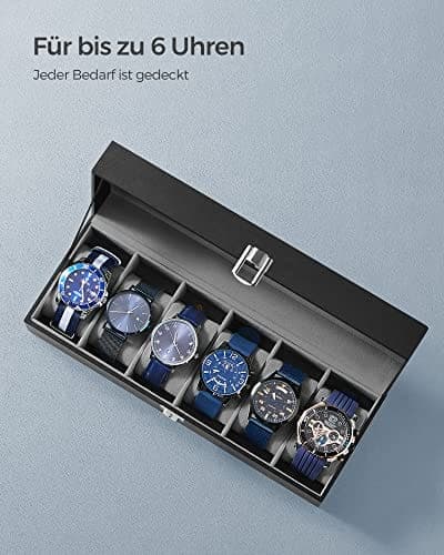 Songmics Watch Box med 6 slots, titta på fodral med glaslock, grå foder