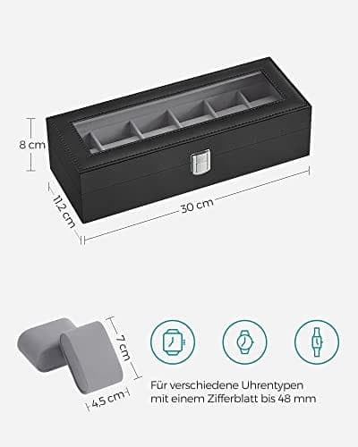 Songmics Watch Box med 6 slots, titta på fodral med glaslock, grå foder