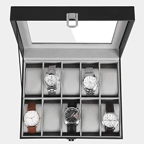 Songmics Watch Box med 10 slots, urkasse med glas låg, grå foring