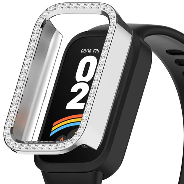 INF Redmi Band 3 skyddsfodral, Xiaomi Band 9 Active fodral, elektropläterat silver med strass