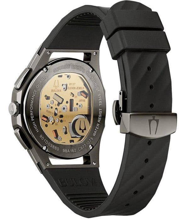 Bulova herrkurv 44 mm svart silikonrem Quartz Grey Urtavla Watch 98A162