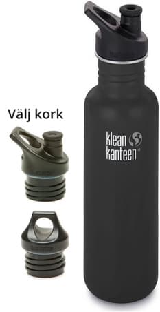 vattenflaska svart stål, KLEAN KANTEEN 800 ML CLASSIC Shale black - Välj kork!