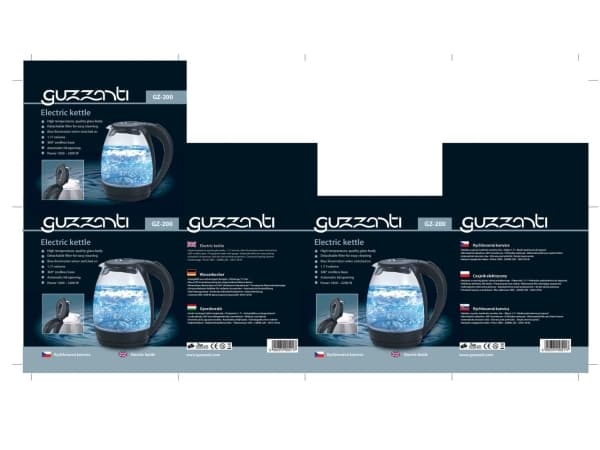 Guzzanti GZ 200, 1,7 l, 2200 W, Svart, Gjennomsiktig, Glass, Plastikk, Vannivåindikator, Overopphetingsbeskyttelse