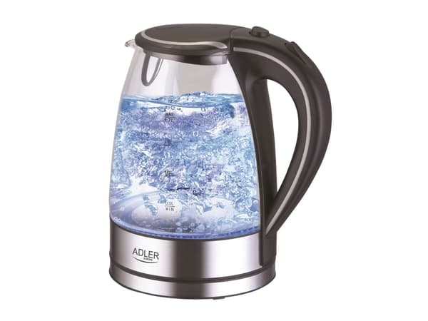 Adler AD 1225 elektrisk vattenkokare, 2000 W, 1.15 kg, 1.3 kg, 1.7L, glas/svart, 360 graders roterande fot