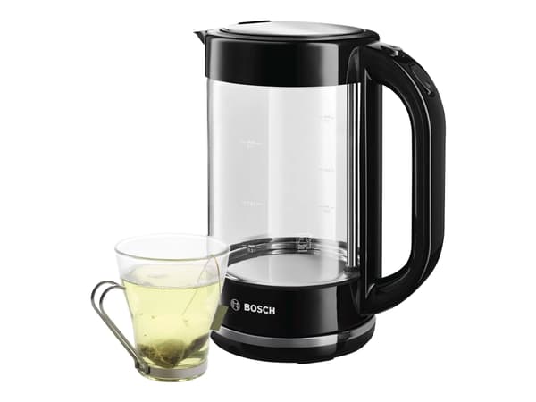 Bosch TWK70B03, 1,7 L, 2400 W, Musta, Läpinäkyvä, Lasi, Veden tason ilmaisin, Ylikuumenemissuoja