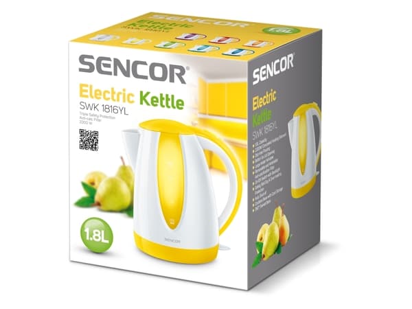 Sencor SWK 1816YL, 1,8 l, 2000 W, Vit, Gul, Plast, Vattennivå indikator, Överhettningsskydd