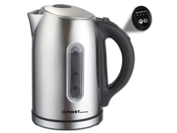 First Austria FA-5411-0, 1,7 l, 2200 W, Sort, Rustfritt stål, Rustfritt stål, Vannivåindikator, Trådløs