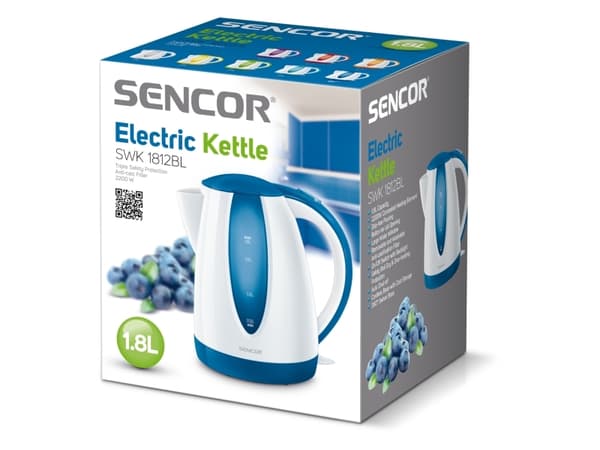 Sencor SWK 1812BL, 1,8 l, 2000 W, Blå, Hvit, Plast, Vannivåindikator, Overopphetingsbeskyttelse