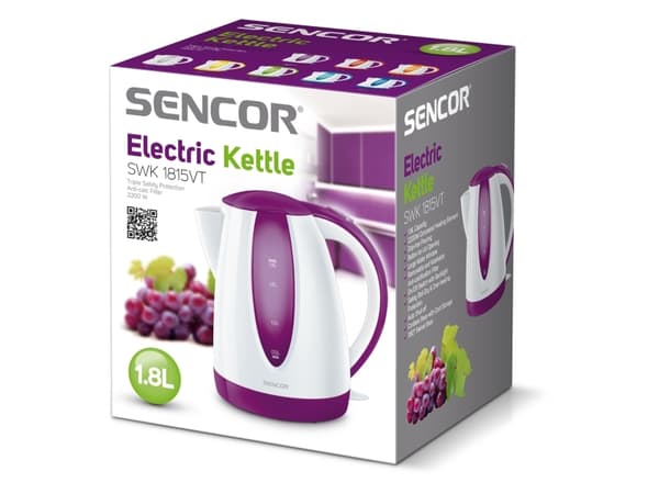 Sencor SWK 1815VT, 1,8 l, 2000 W, Lilla, Hvit, Plast, Vannivåindikator, Overopphetingsbeskyttelse