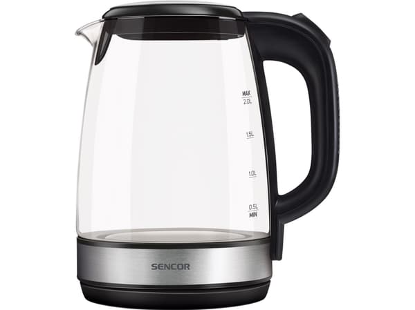 Sencor SWK 2080BK, 2 L, 2200 W, Musta, Läpinäkyvä, Lasi, Metalli, Veden tason ilmaisin, Johdoton