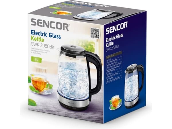 Sencor SWK 2080BK, 2 L, 2200 W, Musta, Läpinäkyvä, Lasi, Metalli, Veden tason ilmaisin, Johdoton