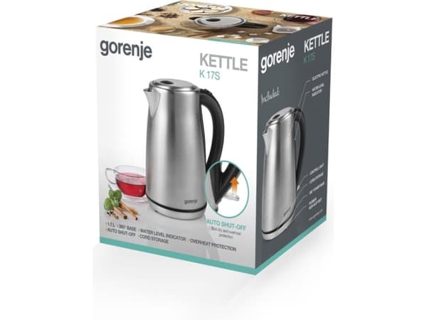 Gorenje K17S, 1,7 l, 2000 W, Metallisk, Metall, Plast, Vannivåindikator, Overopphetingsbeskyttelse