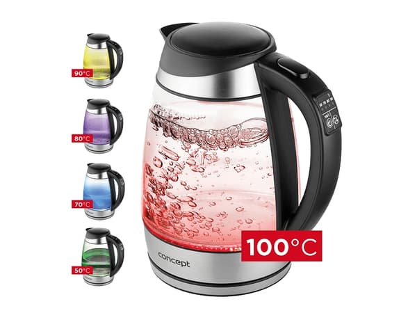 Concept RK4120, 1,7 l, 2200 W, Svart, Rustfritt stål, Gjennomsiktig, Glass, Justerbar termostat, Overopphetingsbeskyttelse