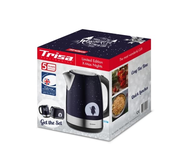 Trisa X-Mas Nights, 1,7 l, 2200 W, Sort, Blå, Sølv, Rustfritt stål, Vannivåindikator, Filtrering