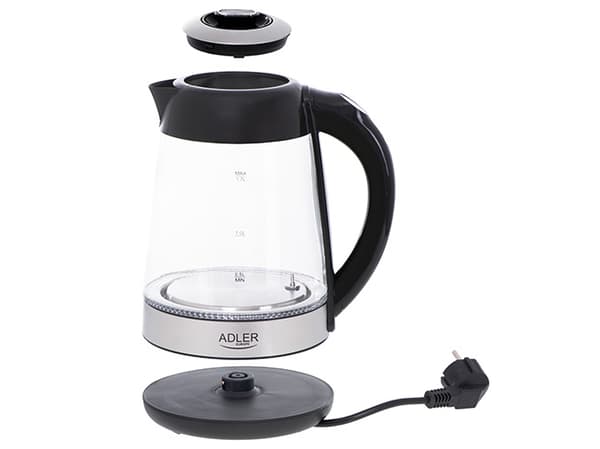 Adler AD 1285, 1,7 l, 2200 W, Svart, Stål, Transparent, Glas, Stål, Justerbar termostat, Vattennivå indikator