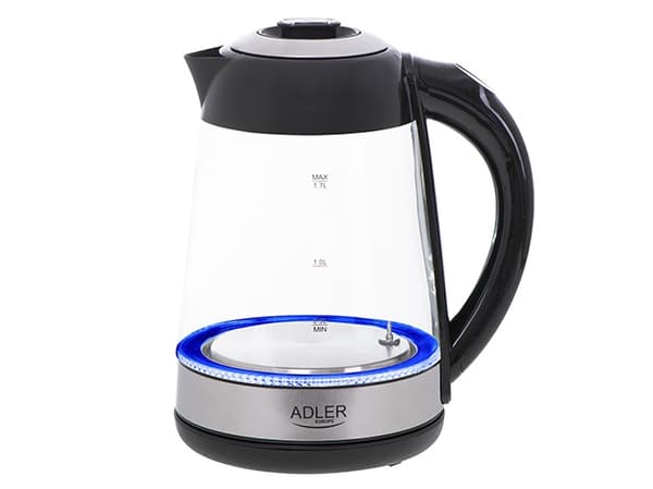 Adler AD 1285, 1,7 l, 2200 W, Svart, Stål, Transparent, Glas, Stål, Justerbar termostat, Vattennivå indikator