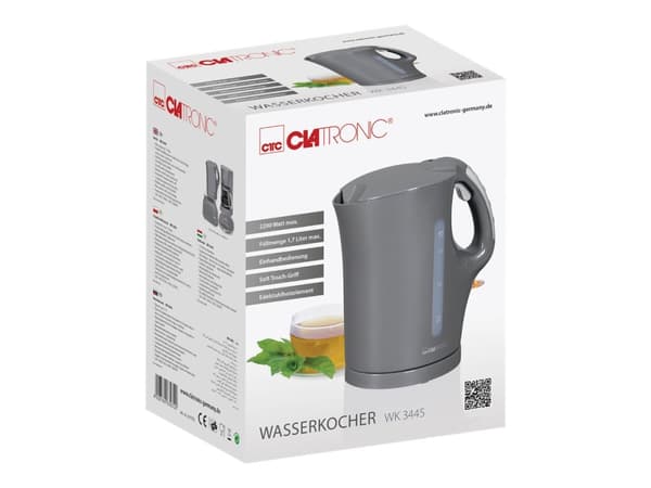 Clatronic WK 3445, 1,7 L, 2200 W, Harmaa, Veden tason ilmaisin, Ylikuumenemissuoja, Johdoton