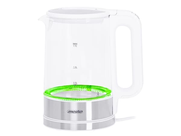 Mesko Home MS 1301W, 1,7 L, 2200 W, Ruostumaton teräs, Läpinäkyvä, Valkoinen, Lasi, Ruostumaton teräs, Säädettävä termostaatti, Veden tason ilmaisin