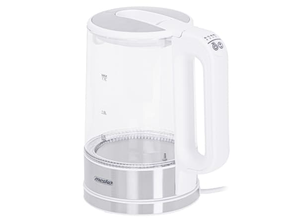 Mesko Home MS 1301W, 1,7 L, 2200 W, Ruostumaton teräs, Läpinäkyvä, Valkoinen, Lasi, Ruostumaton teräs, Säädettävä termostaatti, Veden tason ilmaisin