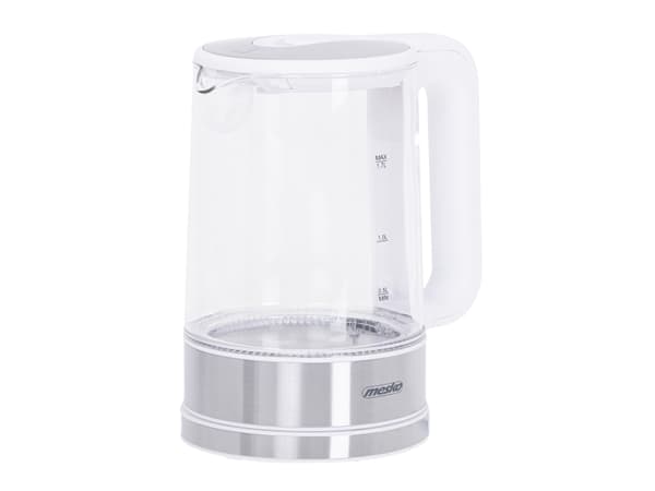 Mesko Home MS 1301W, 1,7 L, 2200 W, Ruostumaton teräs, Läpinäkyvä, Valkoinen, Lasi, Ruostumaton teräs, Säädettävä termostaatti, Veden tason ilmaisin