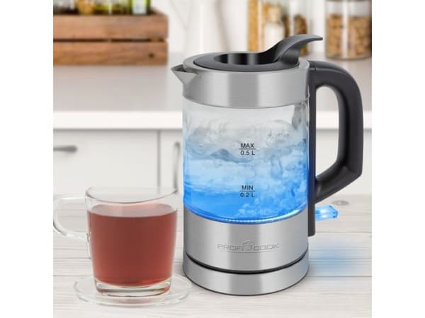 ProfiCook PC-WKS 1228 G, 0,5 L, 1100 W, Ruostumaton teräs, Läpinäkyvä, Lasi, Ruostumaton teräs, Veden tason ilmaisin, Johdoton
