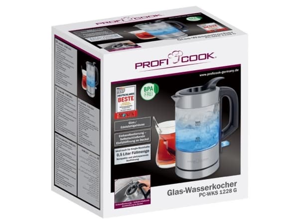 ProfiCook PC-WKS 1228 G, 0,5 L, 1100 W, Ruostumaton teräs, Läpinäkyvä, Lasi, Ruostumaton teräs, Veden tason ilmaisin, Johdoton