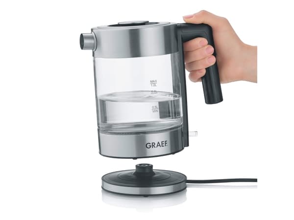 Graef WK300, 1 l, 2000 W, Svart, Rostfritt stål, Transparent, Glas, Vattennivå indikator, Överhettningsskydd