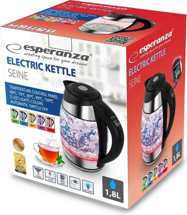 Esperanza EKK026 vedenkeitin 1,7 L musta, läpinäkyvä 2200 W