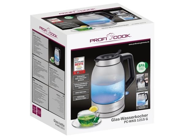 ProfiCook PC-WK 1215 G, 1,7 l, 2200 W, Transparent, Glas, Rostfritt stål, Vattennivå indikator