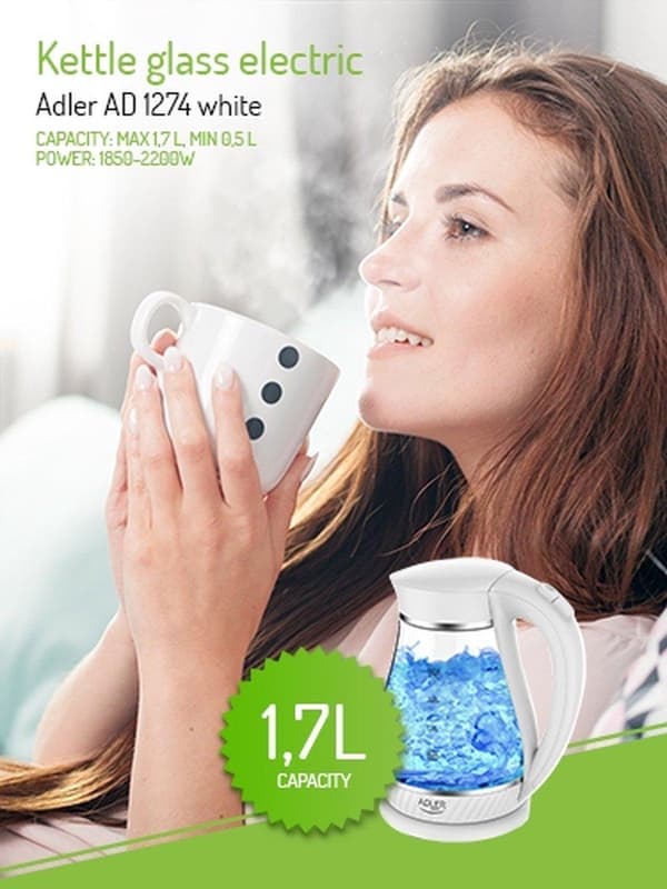 Adler AD 1274 B vattenkokare 1,7 L Vit, Transparent 2200 W