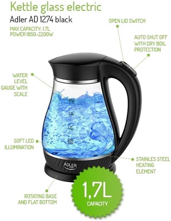 Adler AD 1274 B elkedel 1,7 L 2200 W Sort, Gennemsigtig