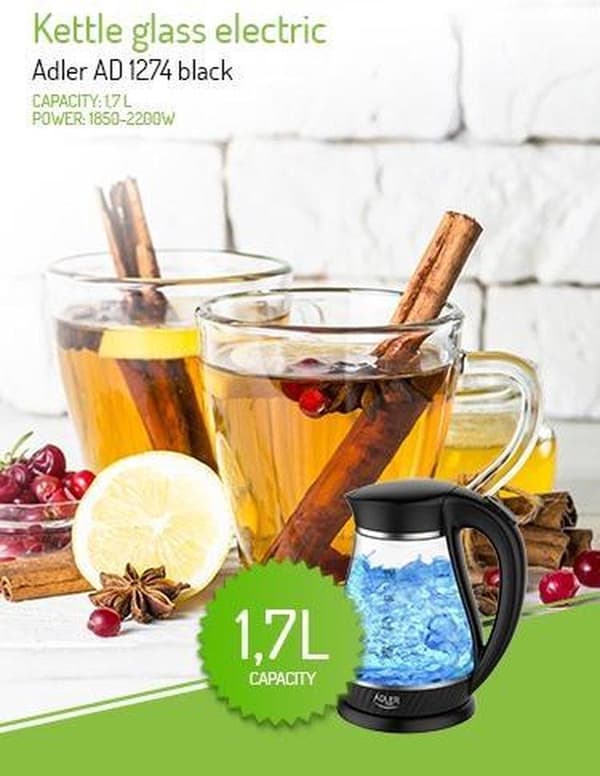 Adler AD 1274 B elkedel 1,7 L 2200 W Sort, Gennemsigtig