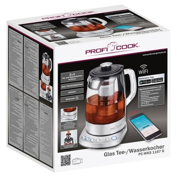 Proficook sähköinen johdoton lasinen vedenkeitin PC-WKS 1167 Marja, Ruostumaton teräs
